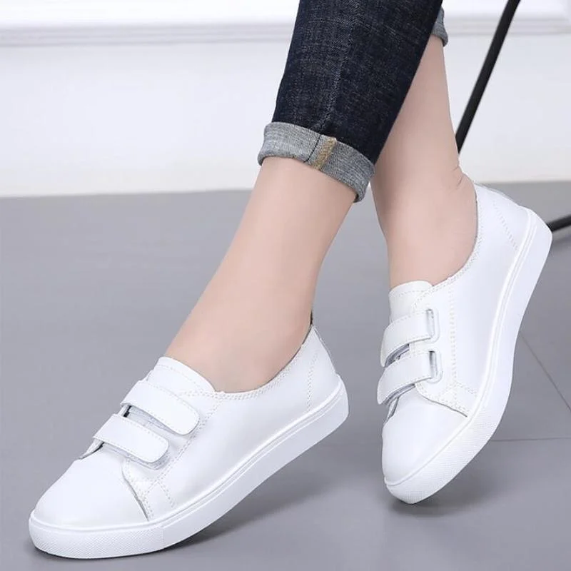 Spring New White Shoes Leather PU Casual for Women\'s Breathable Running Shoes Students Sneakers Tennis Female Hook & Loop Autumn