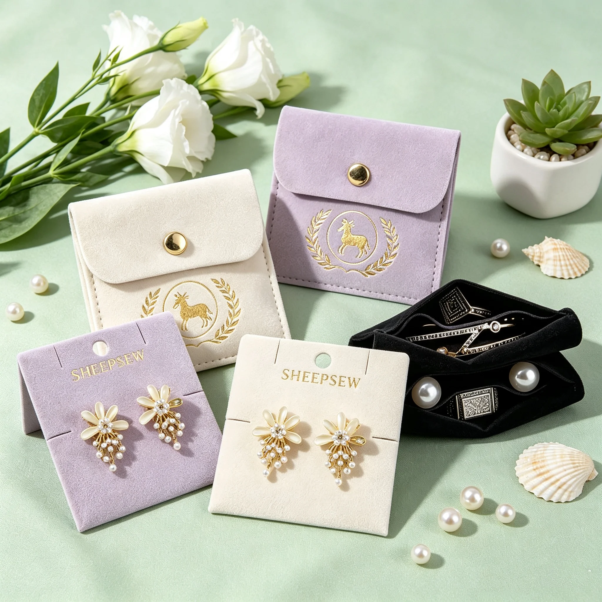20/50/100pcs Personalized Logo Microfiber Velvet Jewelry Gift Bag Snap Button Packaging Pouch with Compartment Earrings Keychain