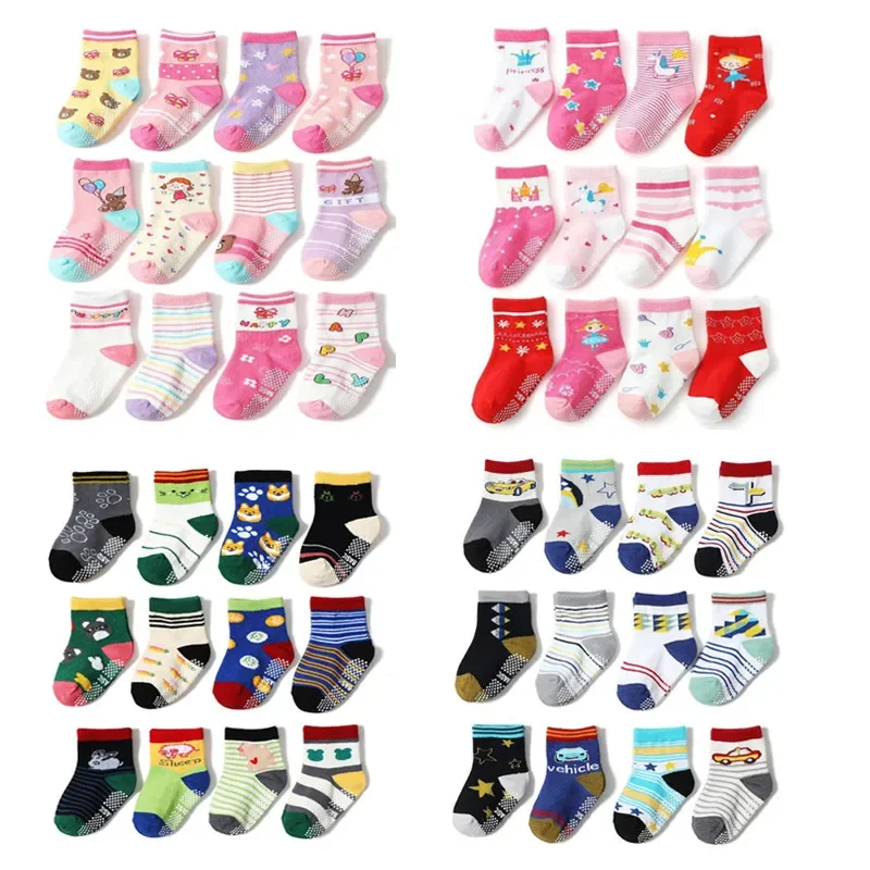 12 Pairs/Lot Cotton Baby 's Floor Socks Boys Girls Non-slip Boat Low Cut Sock with Rubber Grips 1-5Years