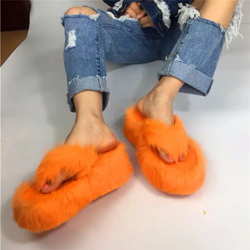 Rabbit Fur Women Slippers Thick Sole Platform Shoes Woman Outside Slides Casual Flip Flops Summer Wedge Sandals Creepers