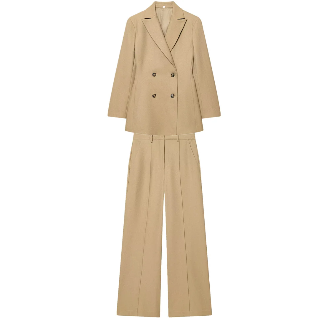 

Maxdutti British Fashion Double Breasted Khaki Suit Pants Woman Clothes Pant Sets New Two Piece Set Women's Suit Ropa Mujer