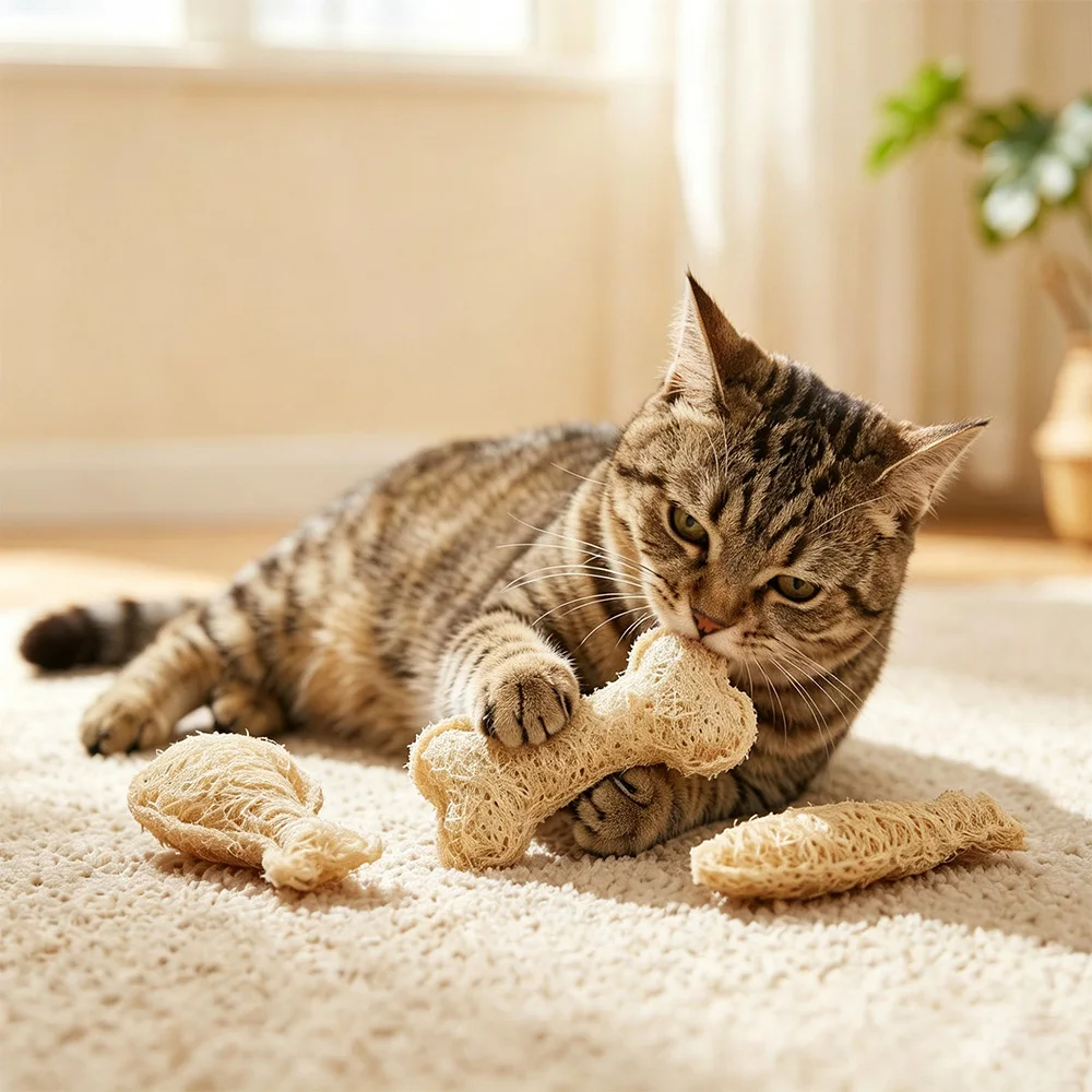 1-3er Pack Natürliche Katzenminze Luffa-Kauspielzeuge Zahnpflege Zahnreinigung Faserstäbchen Anti-Biss Langlebige Katzen- und Kätzchen-Zahnungshilfe – Detail 5