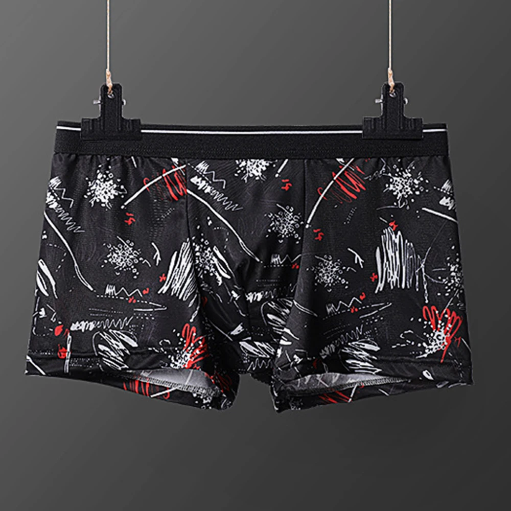 Men Ice Silk Underwear Camouflage Printed Boxer Hawaiian Style Briefs Bulge Pouch Soft Underpants Trunks Sleep Bottoms 