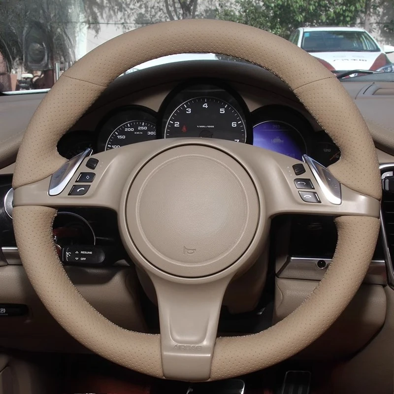 

Сшитый вручную бежевый чехол на руль из натуральной кожи, 100% подходит для Porsche Boxster Cayman Cayenne Panamera 2009-2012