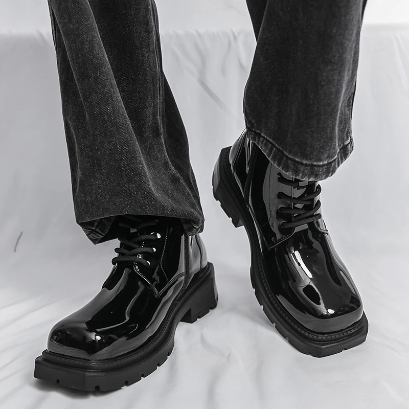 

Men High Top Boots PU Low Heel Fashionable Simple Classic Black Casual Lace Up Men Boots