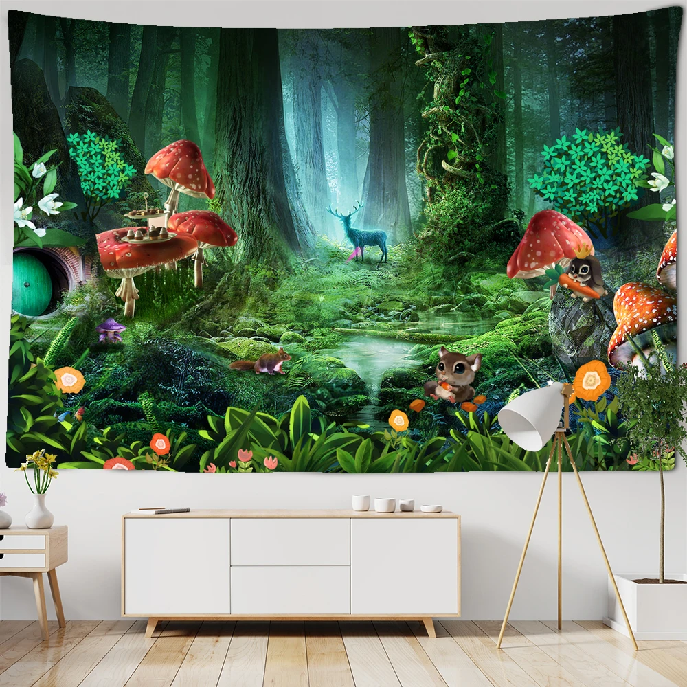 Fairy Tale Forest Tapestry Wall Hanging Fantasy Magic Trees House in Dreamland Tapestry for Kids Room Decor Party Backdrop Cloth