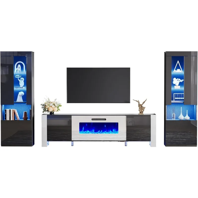 70" Fireplace Entertainment Center Set of 4, Black & White