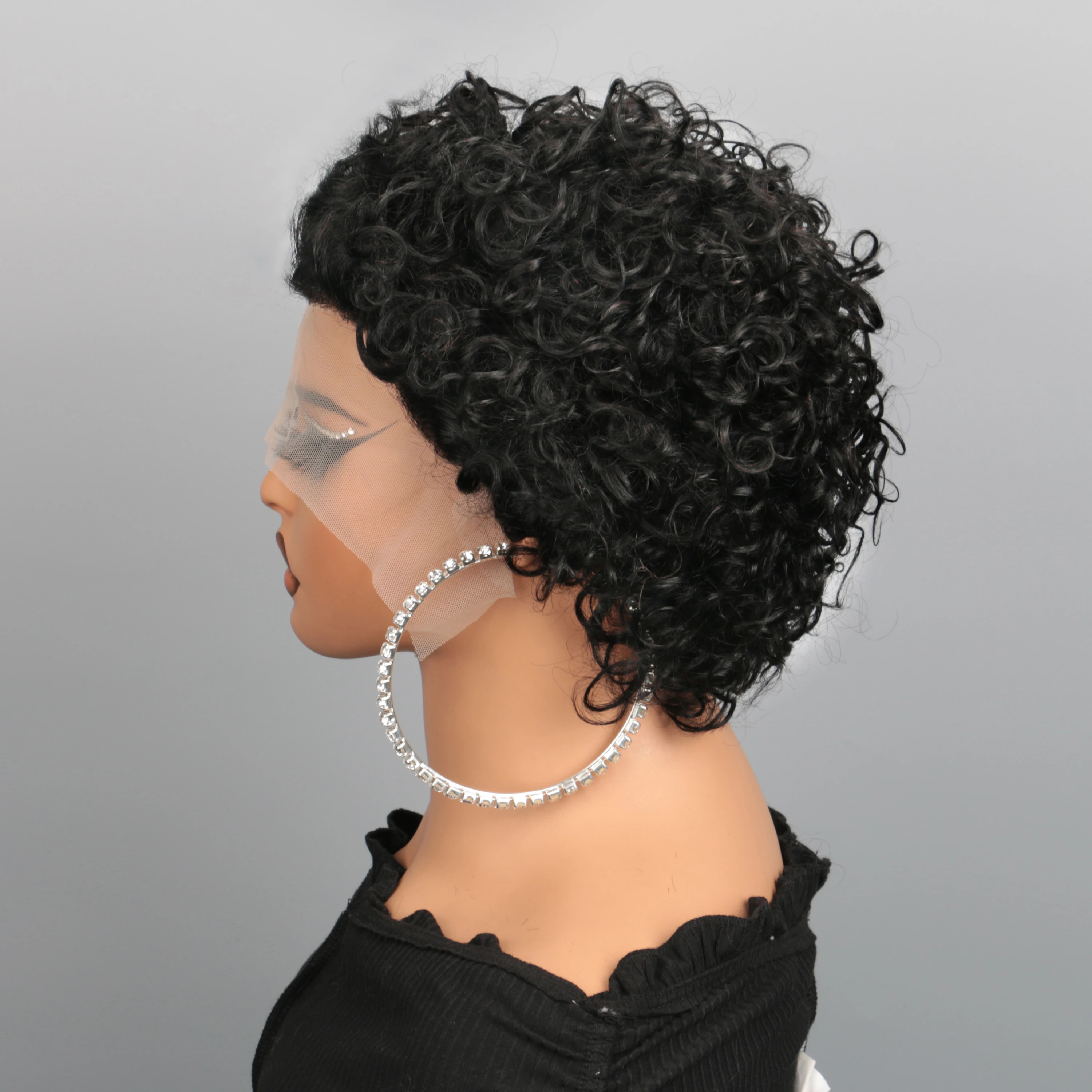 13X1 Lace Pixie Cut Human Hair Wigs For Black Women Afro Rose Curly Wigs with Bangs Short Bouncy Curly Bob Wig With Bang 8Inch