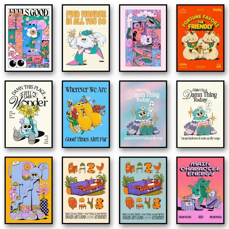 Vintage Cartoon Print Canvas Posters Animals Flowers Quotes Wall Art Poster Home Decor Canvas Print Painting Living Room Decor