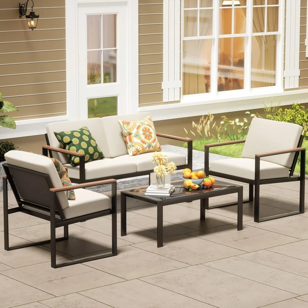 

4-Piece Metal Outdoor Sectional Patio Furniture Set with Wooden Anti-Scald Arms