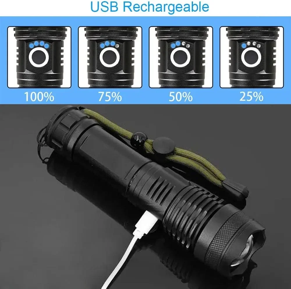 Linterna LED de alta potencia recargable: antorcha de largo alcance con zoom telescópico, linterna de autodefensa brillante para uso en exteriores