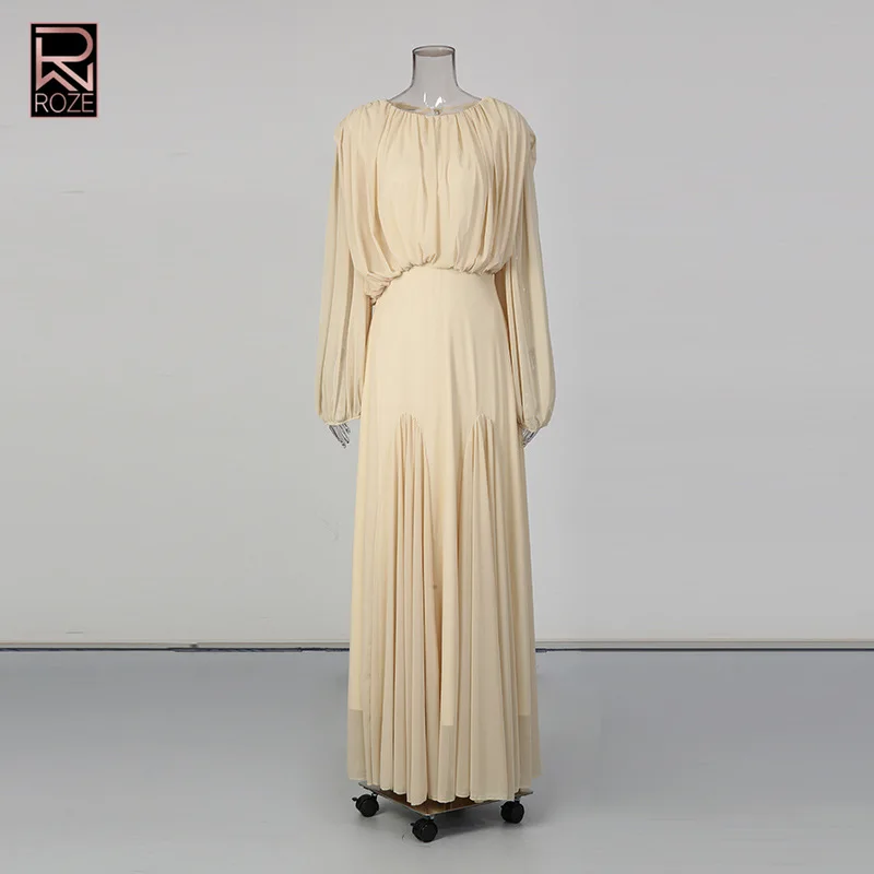 

ROZE Women’s Light Beige Crew Neck Puff Sleeve Smocked Waist Pleated Maxi Dress Elegant Formal Business Cocktail Gown