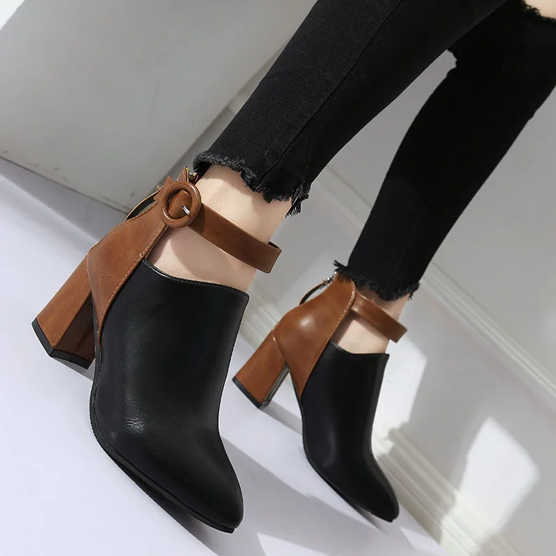 AutumnWomen Ankle Boots Black Chunky High Heel 7CM Color Matching Buckle Bota Back Zip Casual Female PU Learther Botines Chelsea