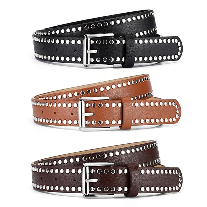 Cross border popular punk style rivet decoration needle buckle PU leather belt, high-end women's versatile jeans belt