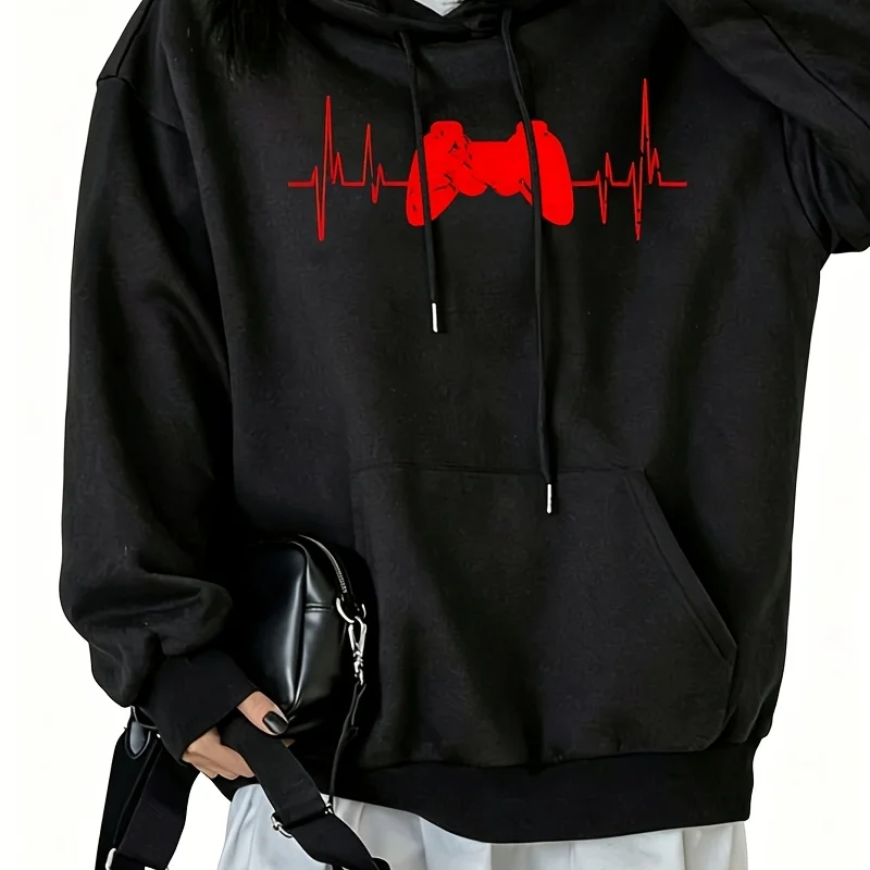 Gaming Heartbeat Graphic Women's Hoodie Sweatshirt with Drawstring and Kangaroo Pocket