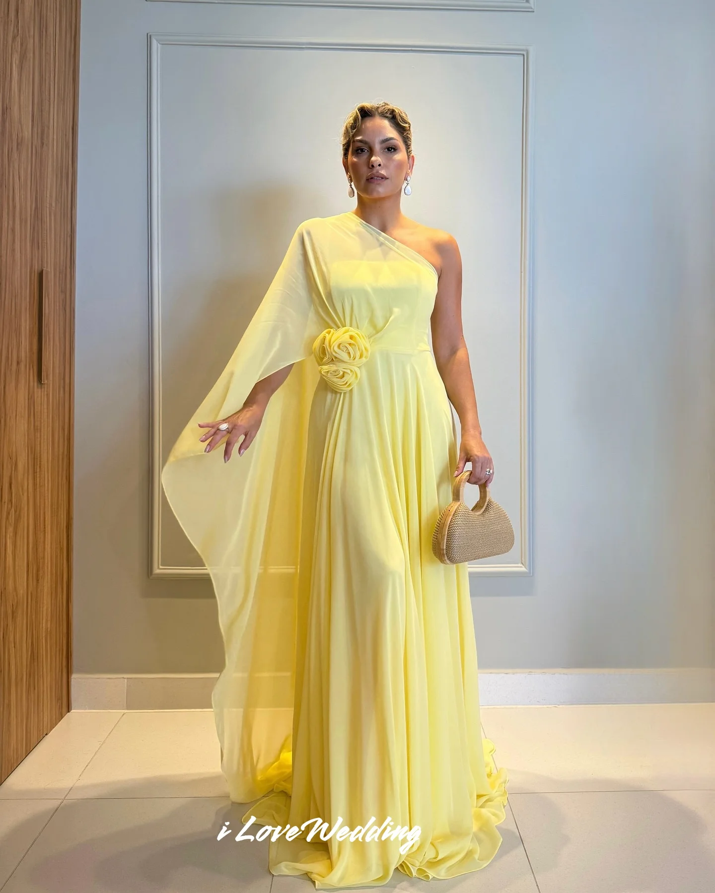 

Yellow One Shoulder Evening Dress 2025 Chiffon Shawl Flowers A-Line Pleat Dresses For Special Occasions Party Dress Customized
