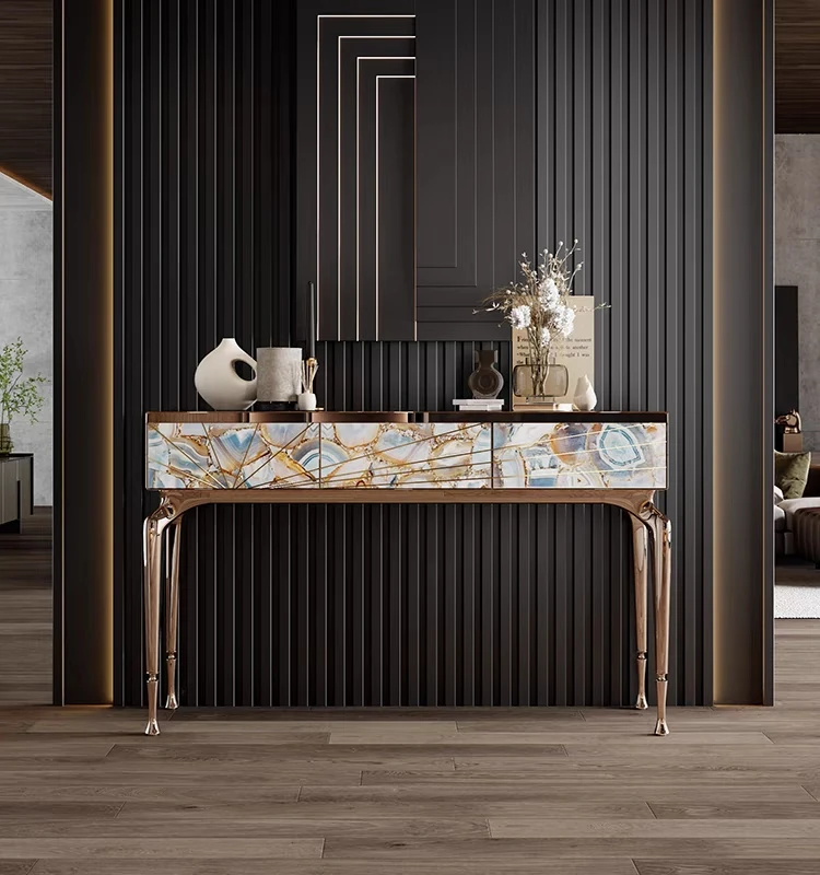 Italian Light Luxury Natural Agate Porch Table Villa Living Room Entry Decorative Cabinet Creative Console Table