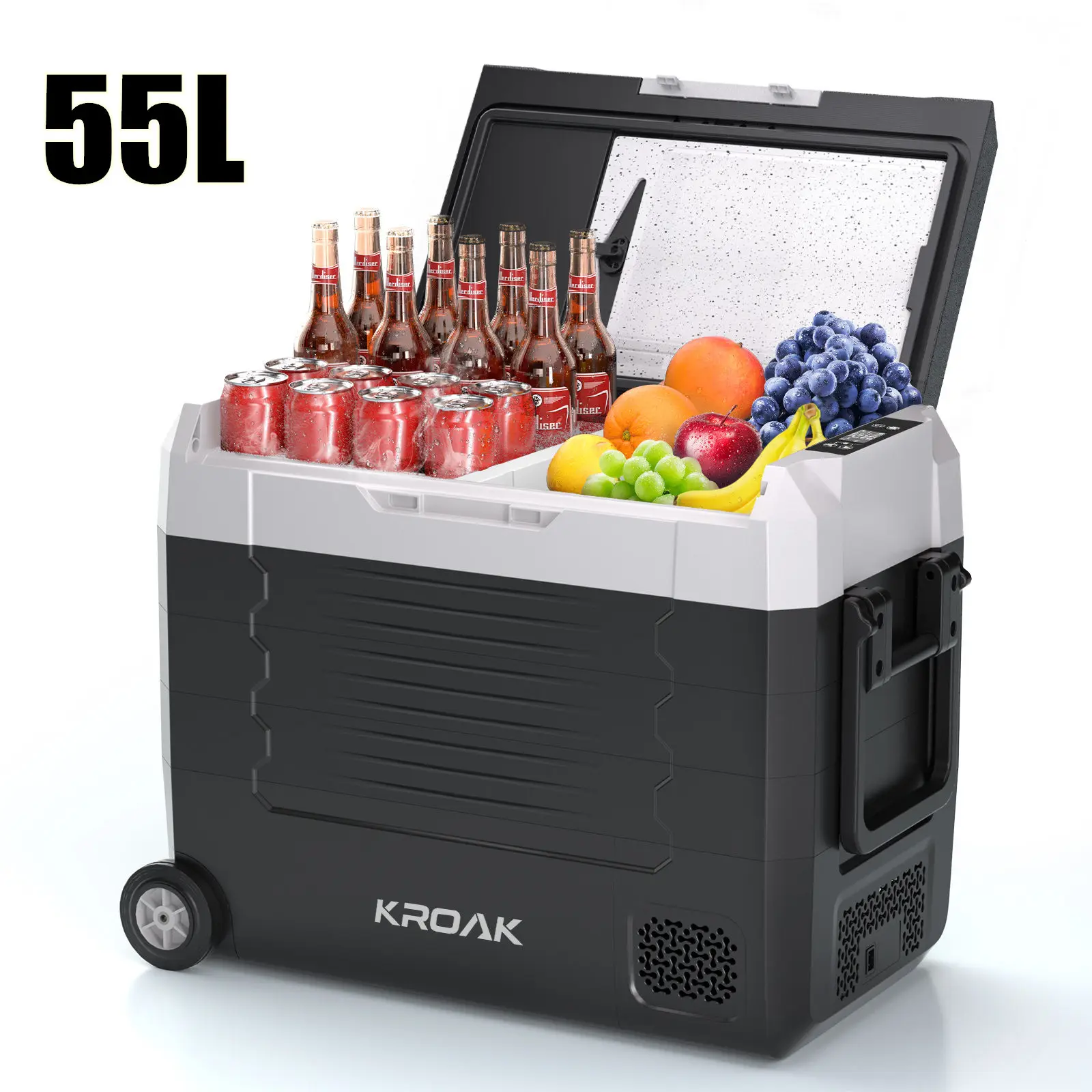 Hcalory 35L 45L 55L Dubbele Zone Draagbare Autokoelkast met Wielen, Bluetooth App Besturing, 12V 24V Compressor Koeler voor Kamperen en Reizen
