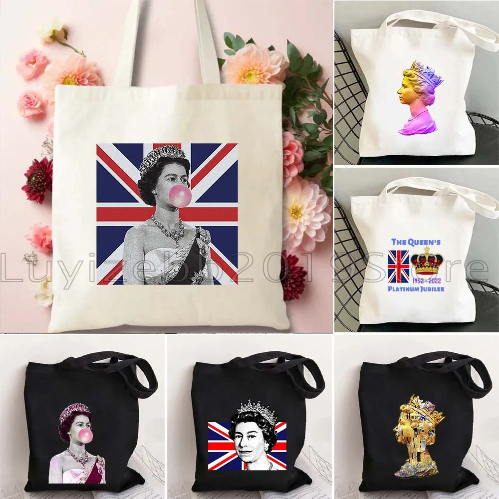 

Queen Elizabeth II Portrait Gifts Canvas Shoulder Reusable Tote Bag England Flag British Harajuku Women Shopper Shopping Handbag
