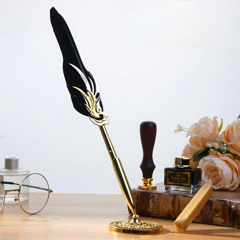 Feather Pen And Ink Set Antique Feather Pen For Writing Quill Pen Set,With Extraction Tube Pen Notebook Fire Paint Seal For Gift