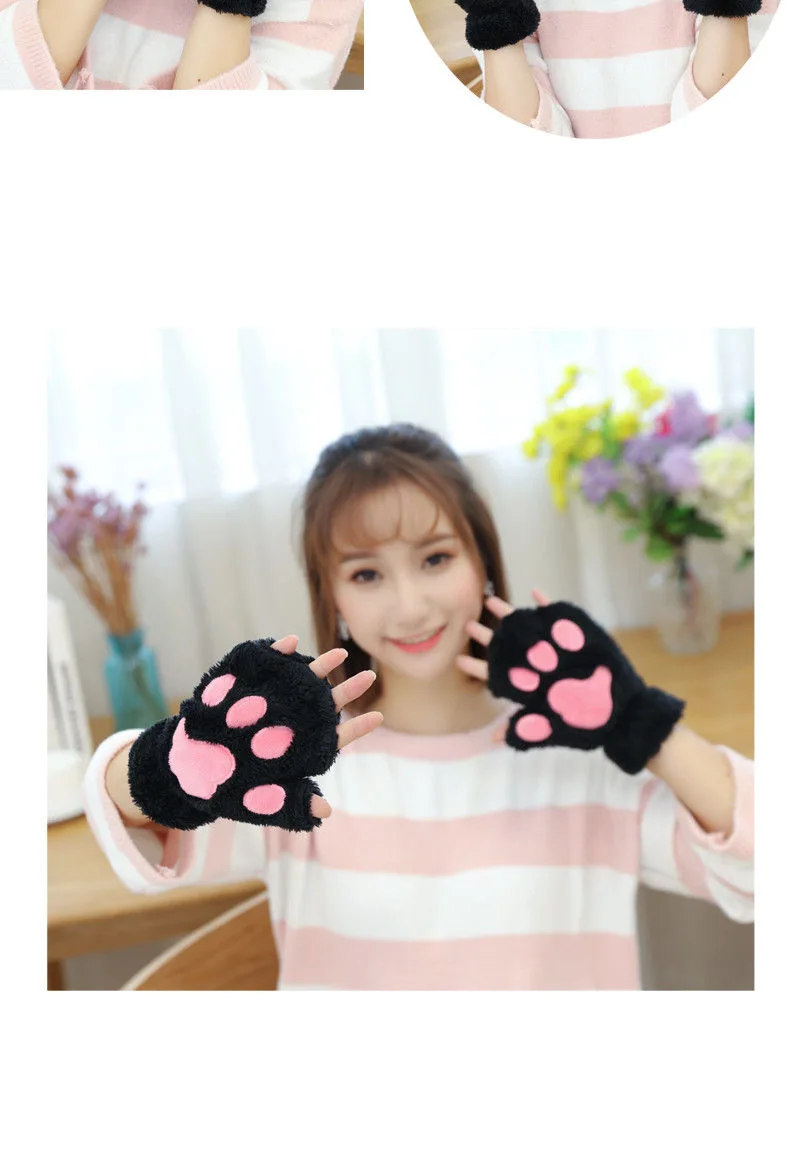 Cute Cat Claw Gloves Women Thermal Half Finger Kawaii Lady Velvet Thick Winter Cartoon Halter String Student Gloves