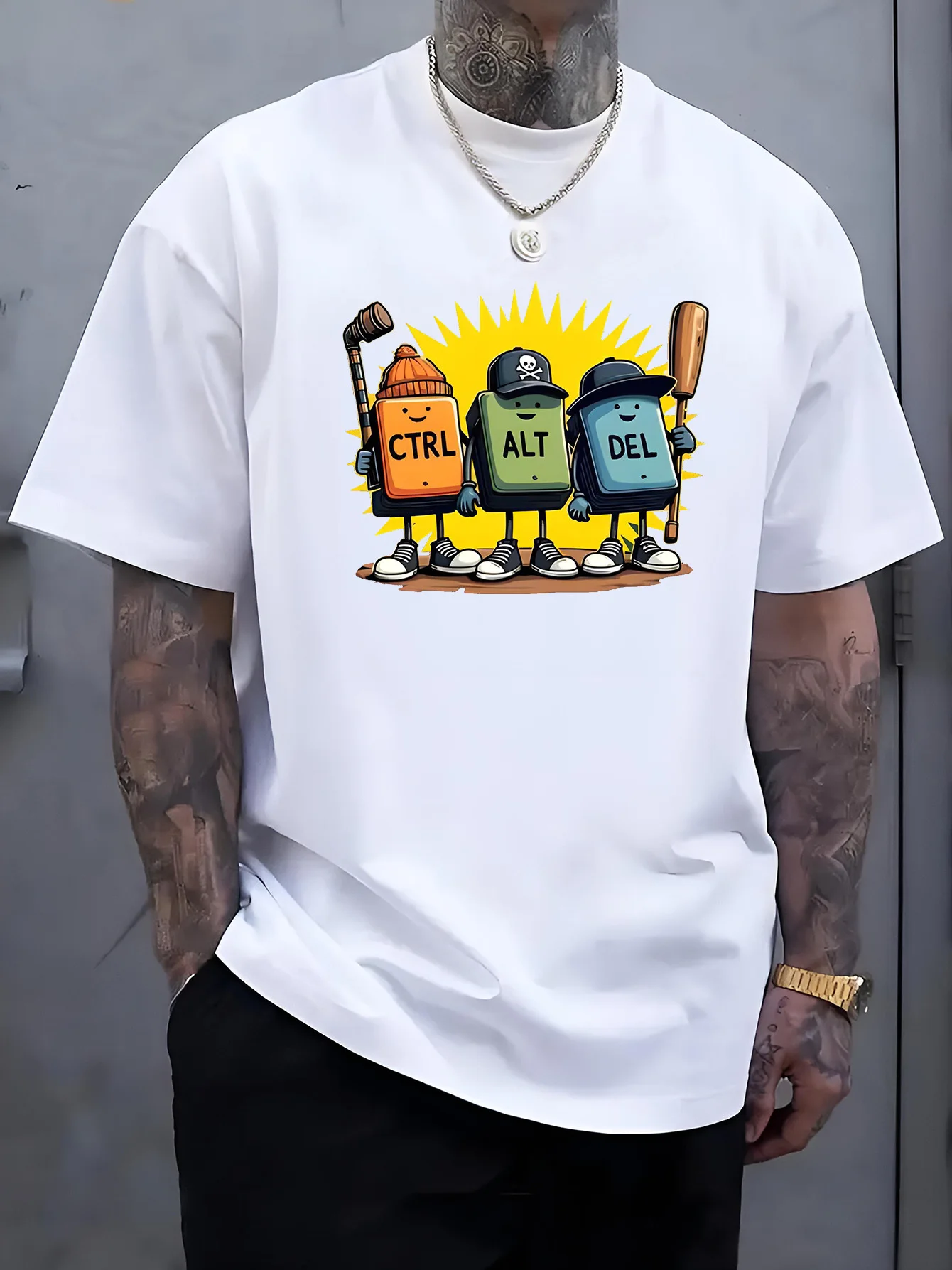 Mens Breathable Cotton T Shirt Funny Ctrl Alt Del Key Character Print O Neck Short Sleeve Loose Daily Outfit Top For Gamer Guys