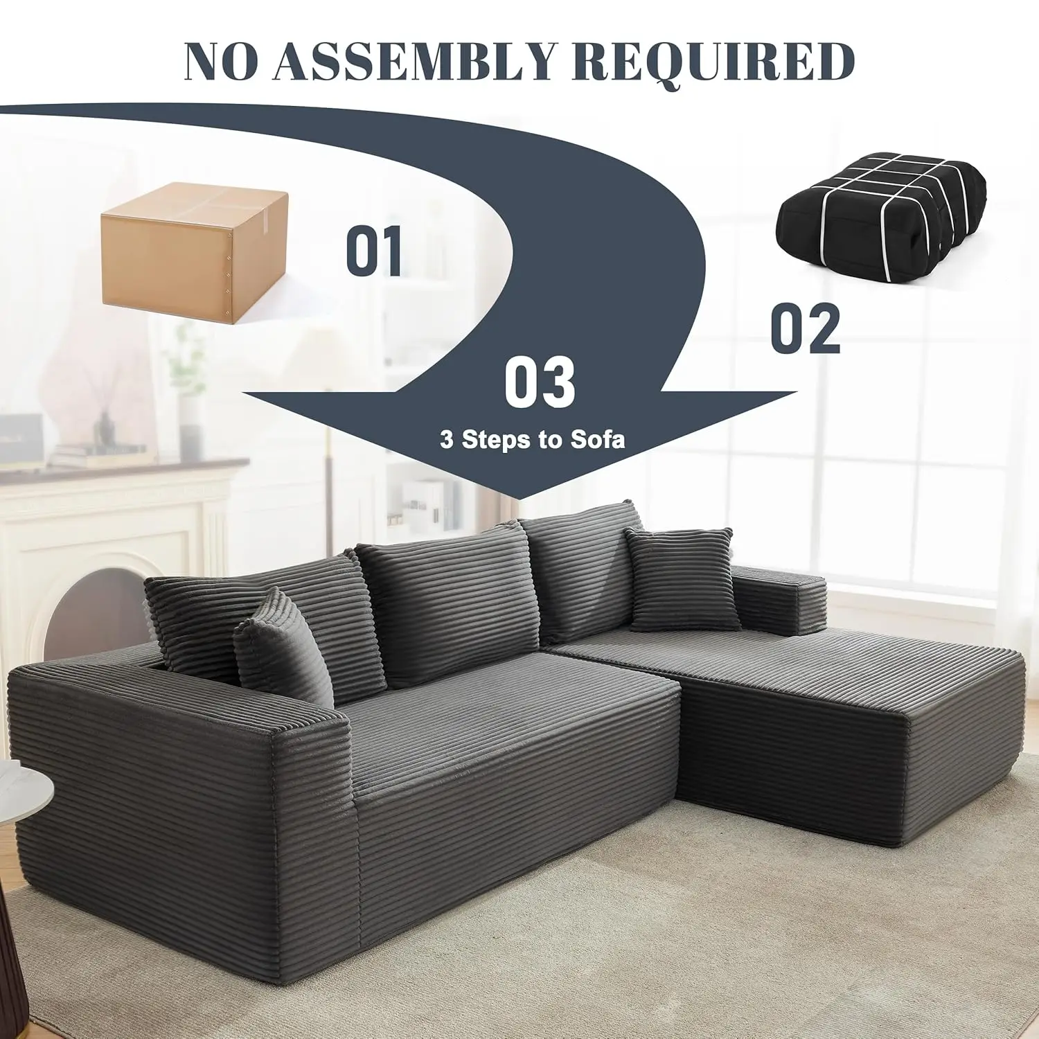 Sofá Modular Seccional de 110 polegadas, Assento Profundo, Fluffy, em Forma de L, Chaise para Sala de Estar, Cinza Escuro, Personalizado