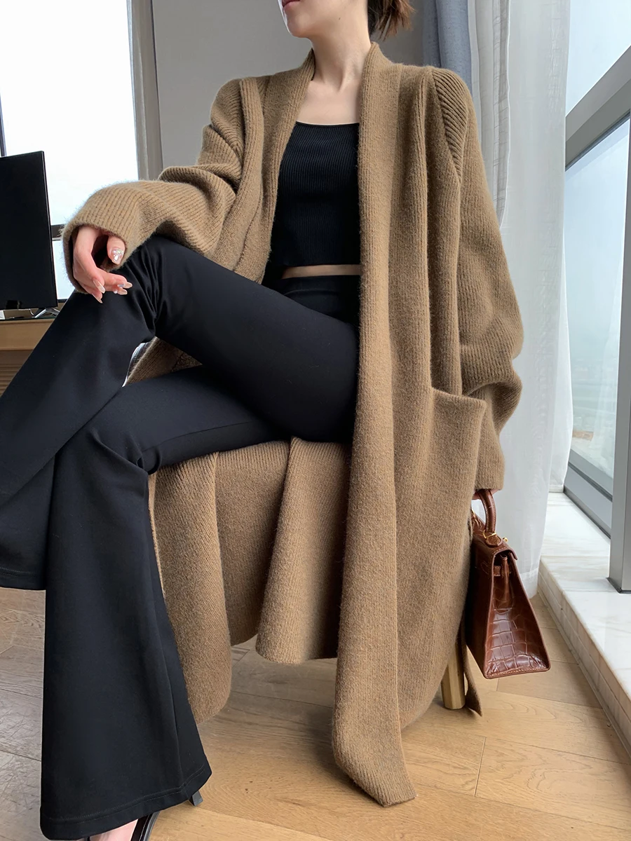 

Шикарный вязаный кардиган женский цвета хаки, длинная рубашка выше колена с открытой рубашкой, весна 2026, модная утягивающая верхняя одежда средней длины