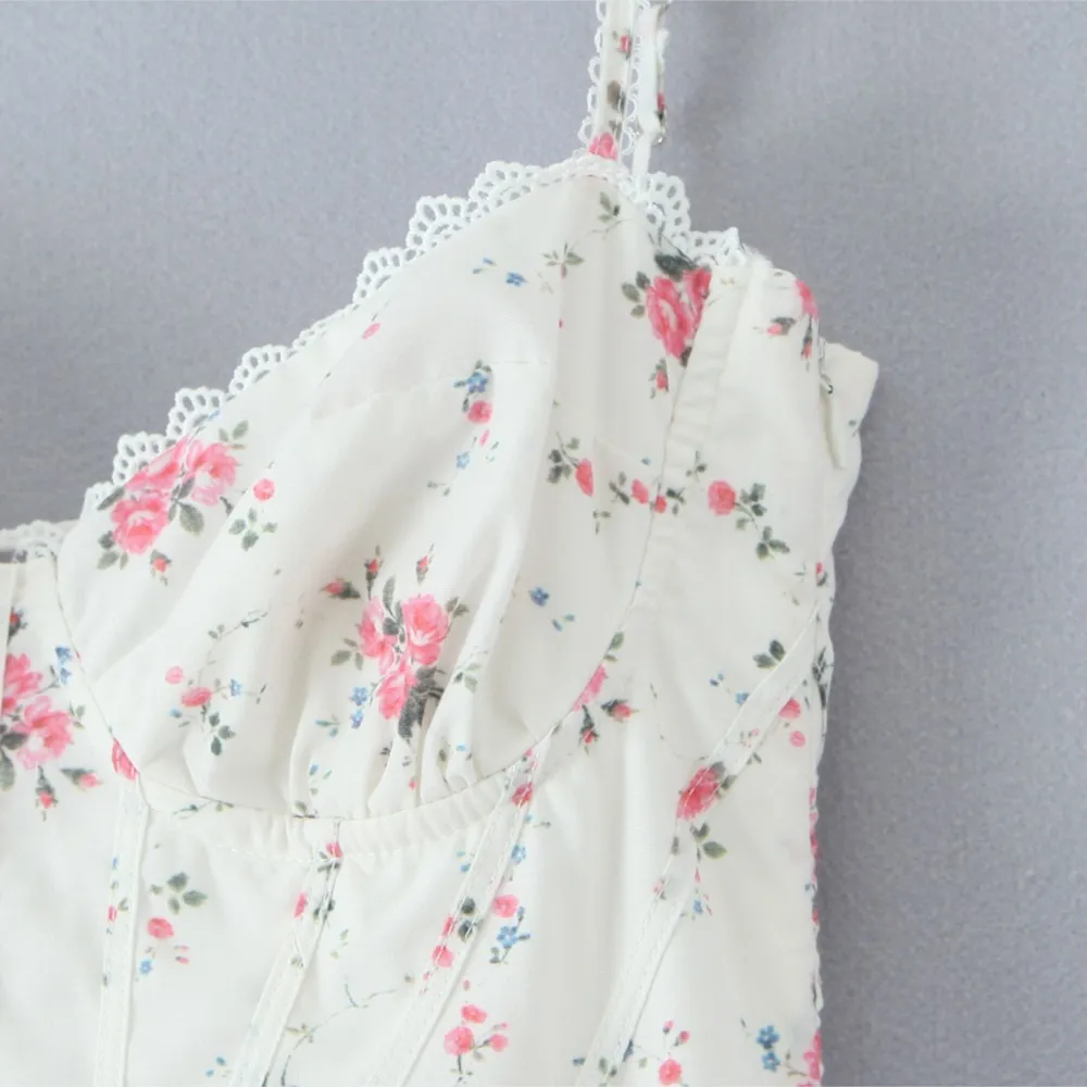 2025 Bloemenprint Gesplitst Kant Draad Beha Corset Stijl Sling Jurk Vrouwen Cross Vetersluiting Terug Lage Taille Swing Midi Jurken Gewaad