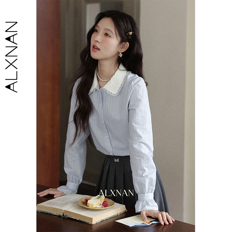ALXNAN Blue Striped Long Sleeve Shirt Lace Trimmed Lapel Flared Cuffs Cotton Office Lady Blouses 2025 Fall Female Tops L57113