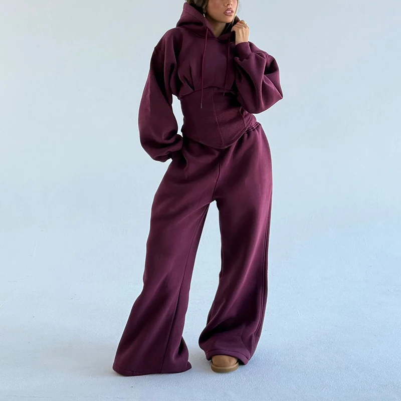Women Elegant Tracksuit Outfits Fashion Long Sleeve Hoodie Sweatshirt & Wide Leg Pants Set Casual Drawstring Simple 2 Piece Suit