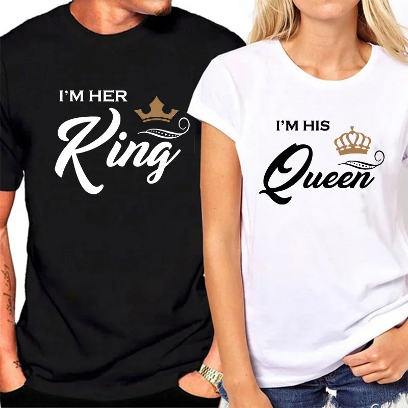 

Fashion New King and Queen Couple Shirts Short Sleeve I'm Her King and I'm His Queen Print Men Women T Shirts Casual Couple Tee