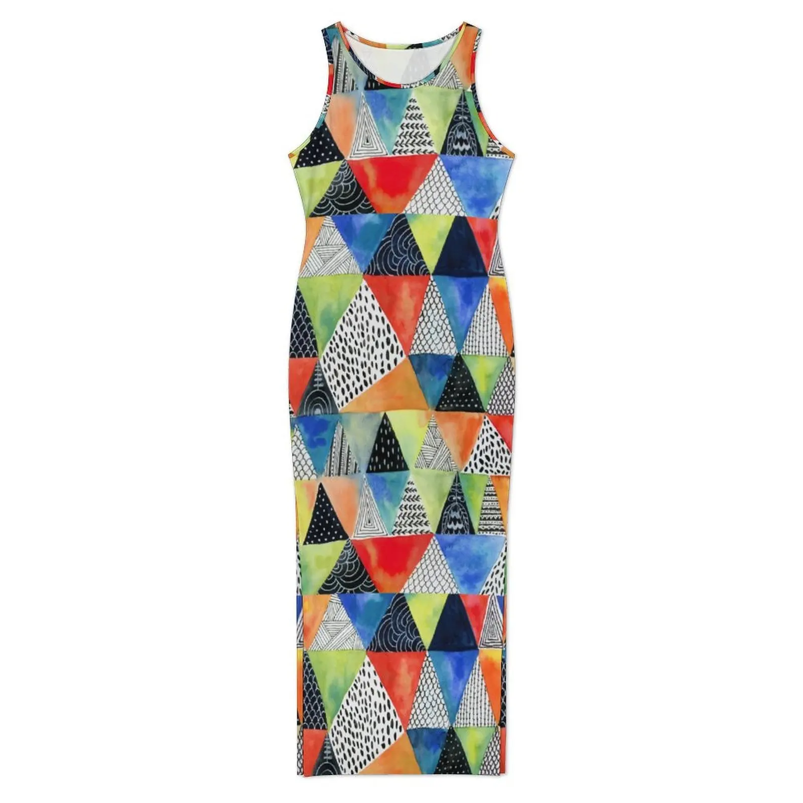 Women Bodycon Dress Cute Doodled Geometry Maxi Dresses Summer Colorful Print Sleeveless Street Fashion Graphic Dress Large Size