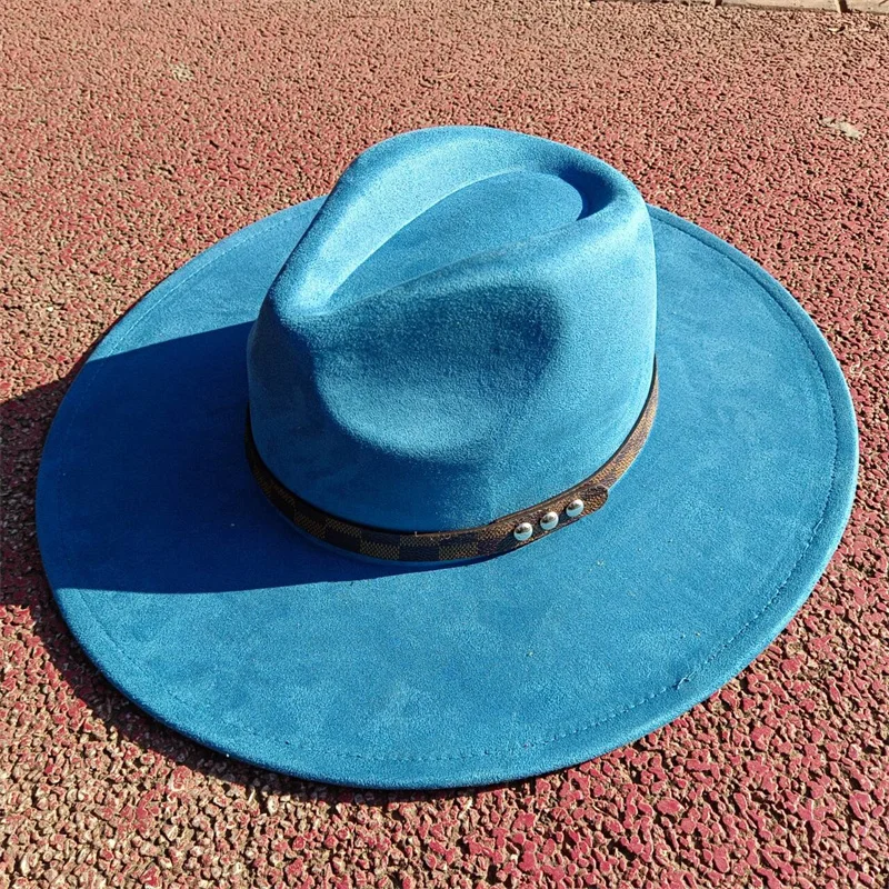 Sombrero de gamuza Fedora verde aguacate para hombres y mujeres, cinturón a cuadros, parte superior de gota de agua, ala grande, sombrero de gamuza