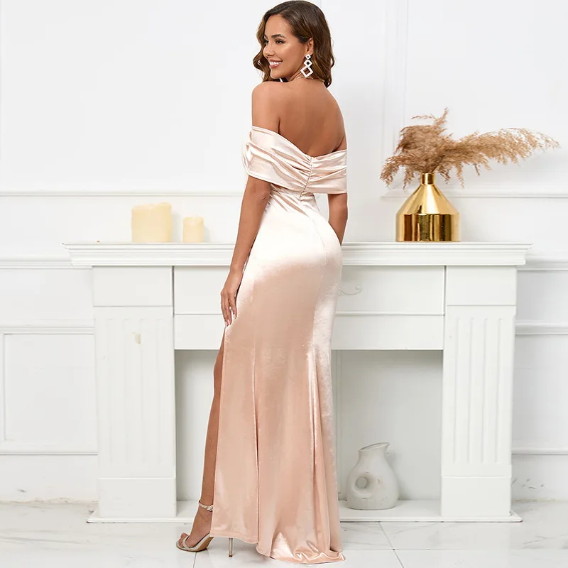 Women's Solid Color Tube Top One-line Collar High Waist High Slit Evening Dress Fishtail Skirt Long Formal Gown Women Elegant