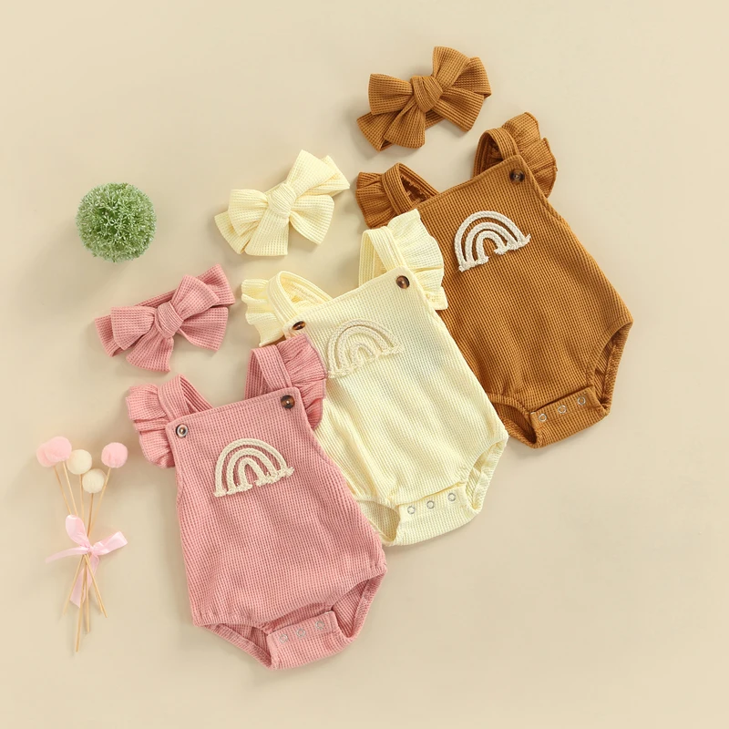 

Newborn Infant Baby Girls Summer Bodysuits Clothes Outfits Boho Rainbow Ribbed Ruffle Sleeveless Romper Jumpsuit Outfits