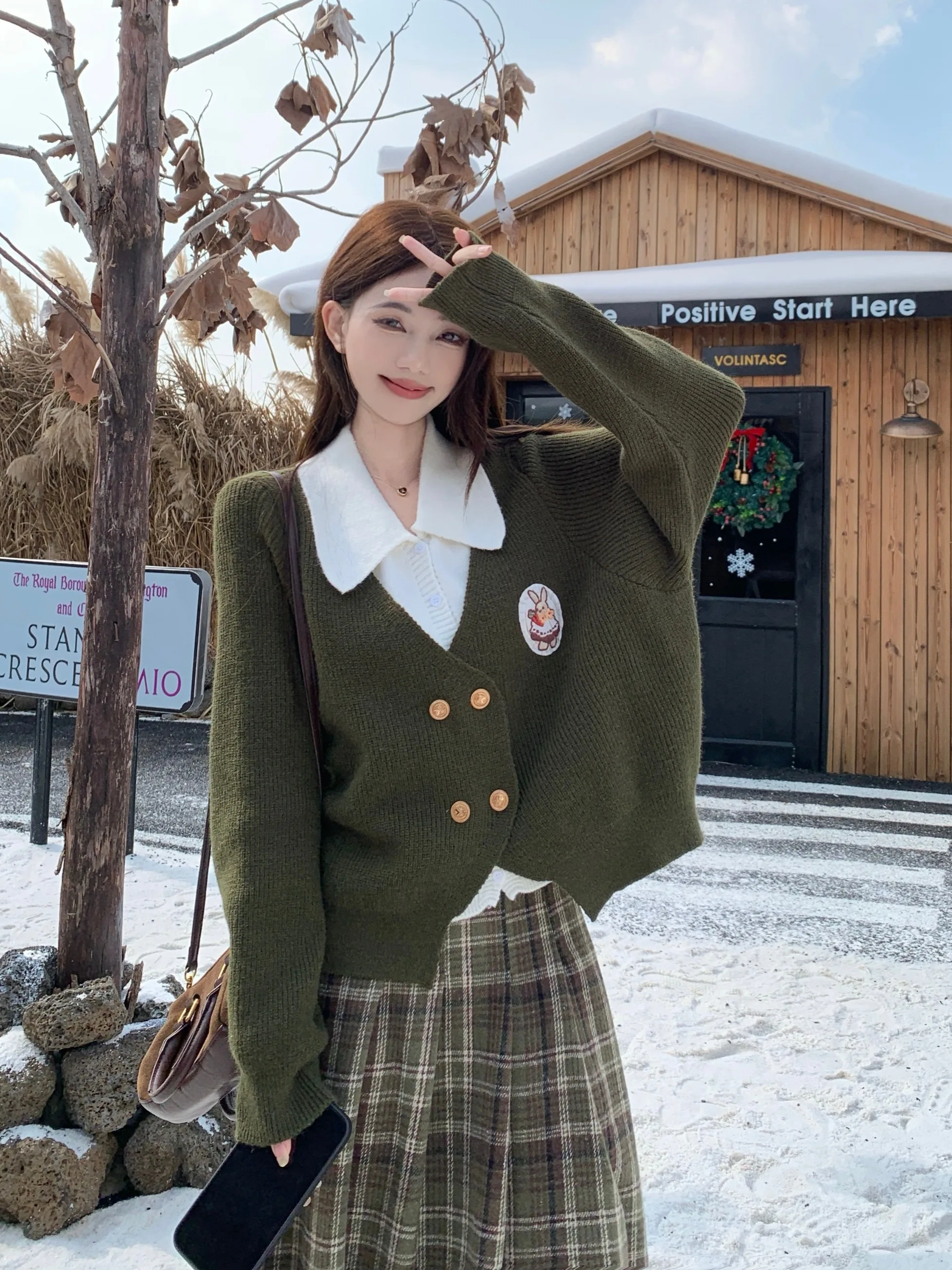 

plus Size College Style Knitted Set Autumn Winter Plaid Half Body Long Skirt Color Block Design Fashionable plus Size Outfit