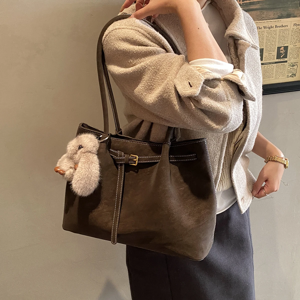 Vintage Tote Boston Kissentasche, vielseitige Handtasche, Umhängetasche, Bowlingtasche, Damen-Handtasche im koreanischen Stil mit mehreren Taschen für Arbeit, Pendeln, Studenten
