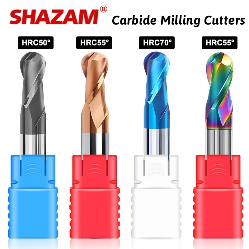 SHAZAM-CNC Machine Machining Milling Cutter, 2-Flute, Carbide Ball End Mills para processamento de aço e alumínio, HRC50, 55, 70, R0.5-R6.0mm