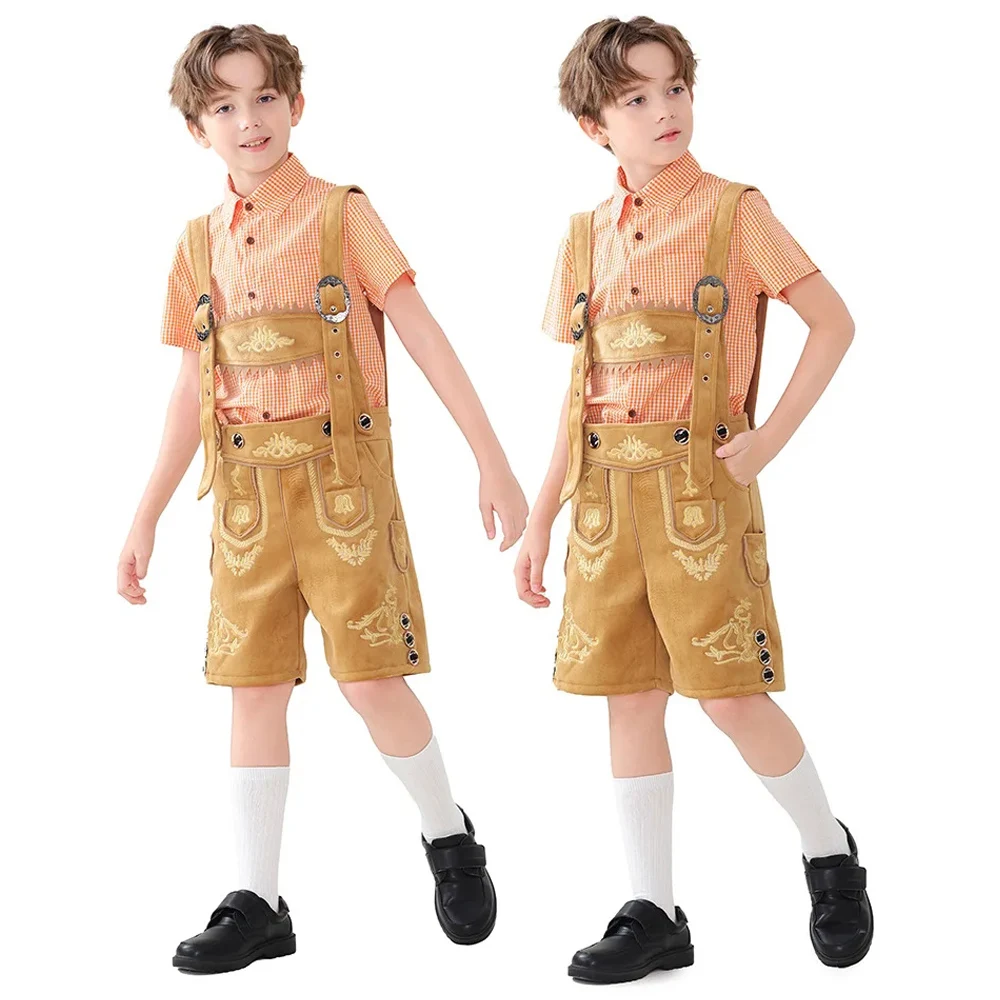 

Oktoberfest Germany Enfant Costume Oktoberfests Lederhosen Costumes Cosplay Halloween Plaid Shirt Suspenders Set