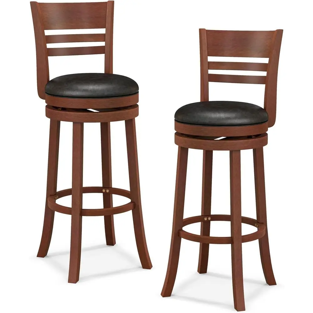 

360-Degree Swivel Bar Stools with PU Seats, Rubber Wood Backrests, Legs, Brown (Set of 2)