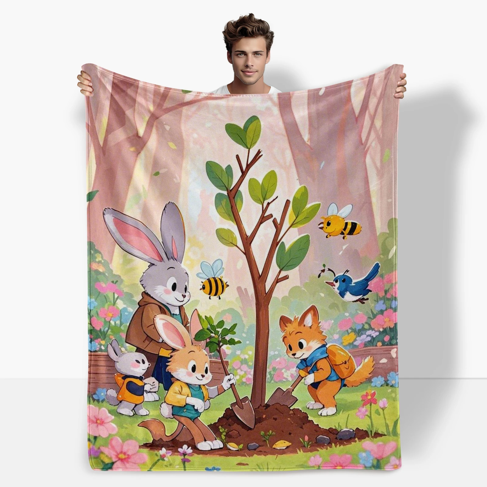 

Fun Cartoon Animals And Tree Planting Themed Arbor Day Blanket Encourages Environmental Stewardship