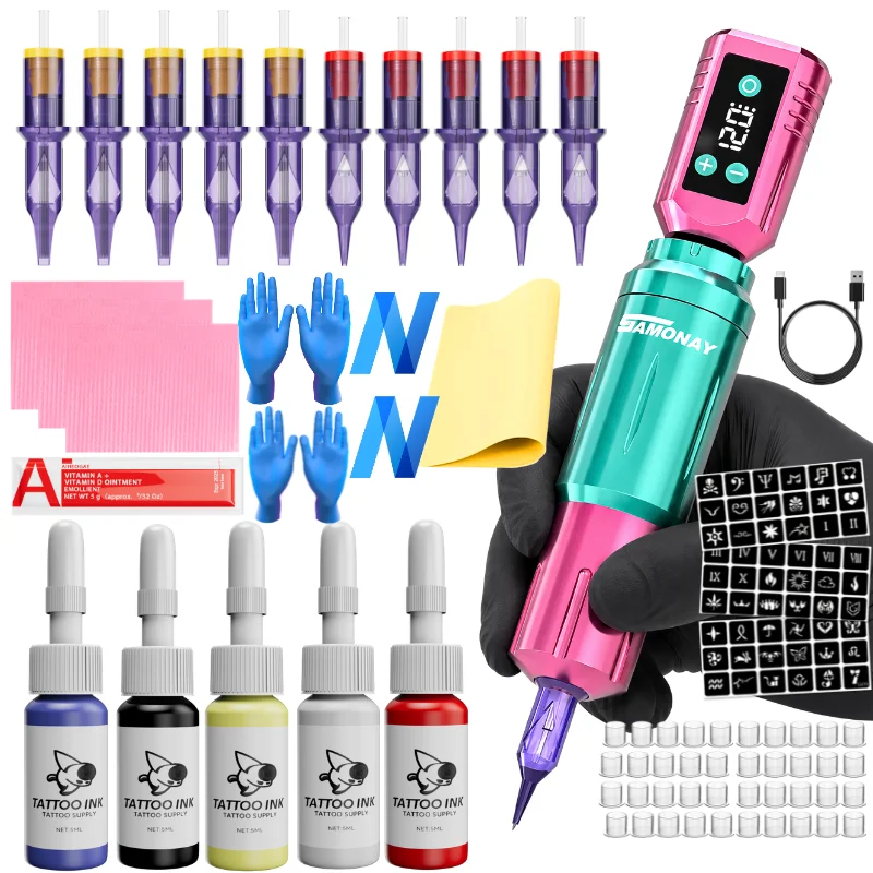 SAMONAY Tattoo Pen Machine Kit Complete Wireless Rotary Tattoo System with LCD Display, Cartridge Needles, Colored Tattoo Ink Set, Extra Black Ink, Practice Supplies and Accessories for Beginners and Professional Tattoo Artists