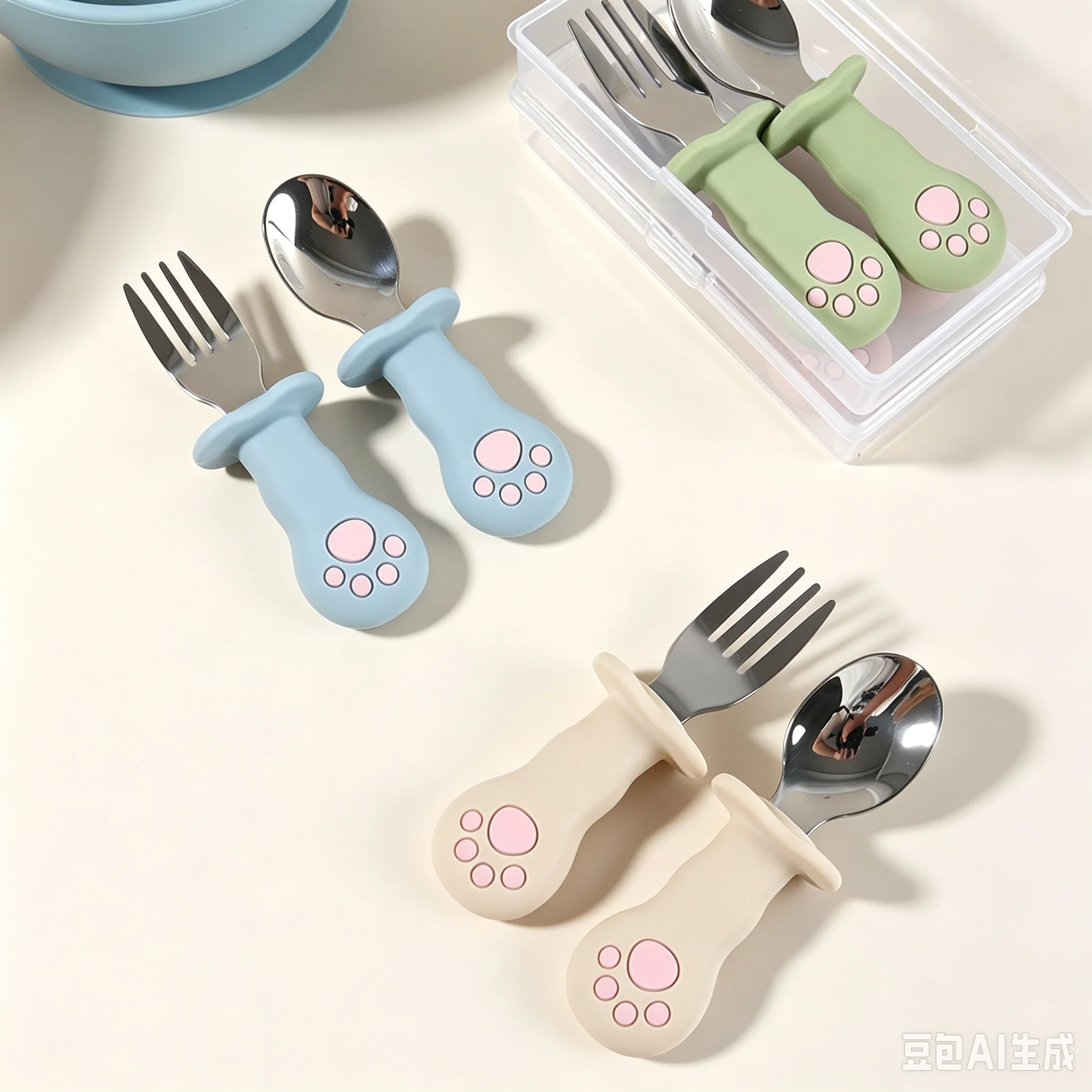 Food Grade Silicone Spoon Fork Set Baby Training Learning Tableware Stainless Steel Long Handle Paw Cute