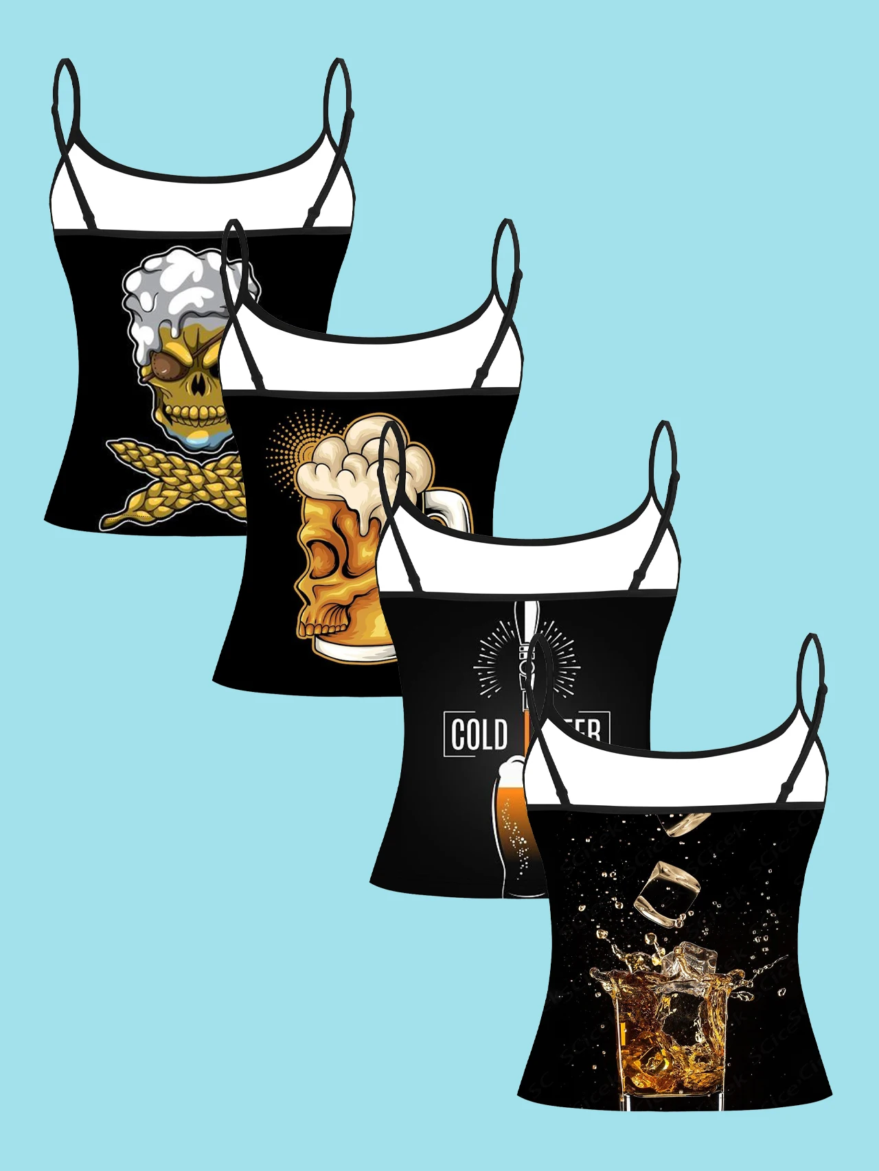 4-Piece Set of Dark Skull Beer-Themed Women's Camisoles, Featuring Skull, Beer Glass, Ice Cubes, and Drink Splash Prints, Slim-Fit Spaghetti Strap Short Camisole Tops