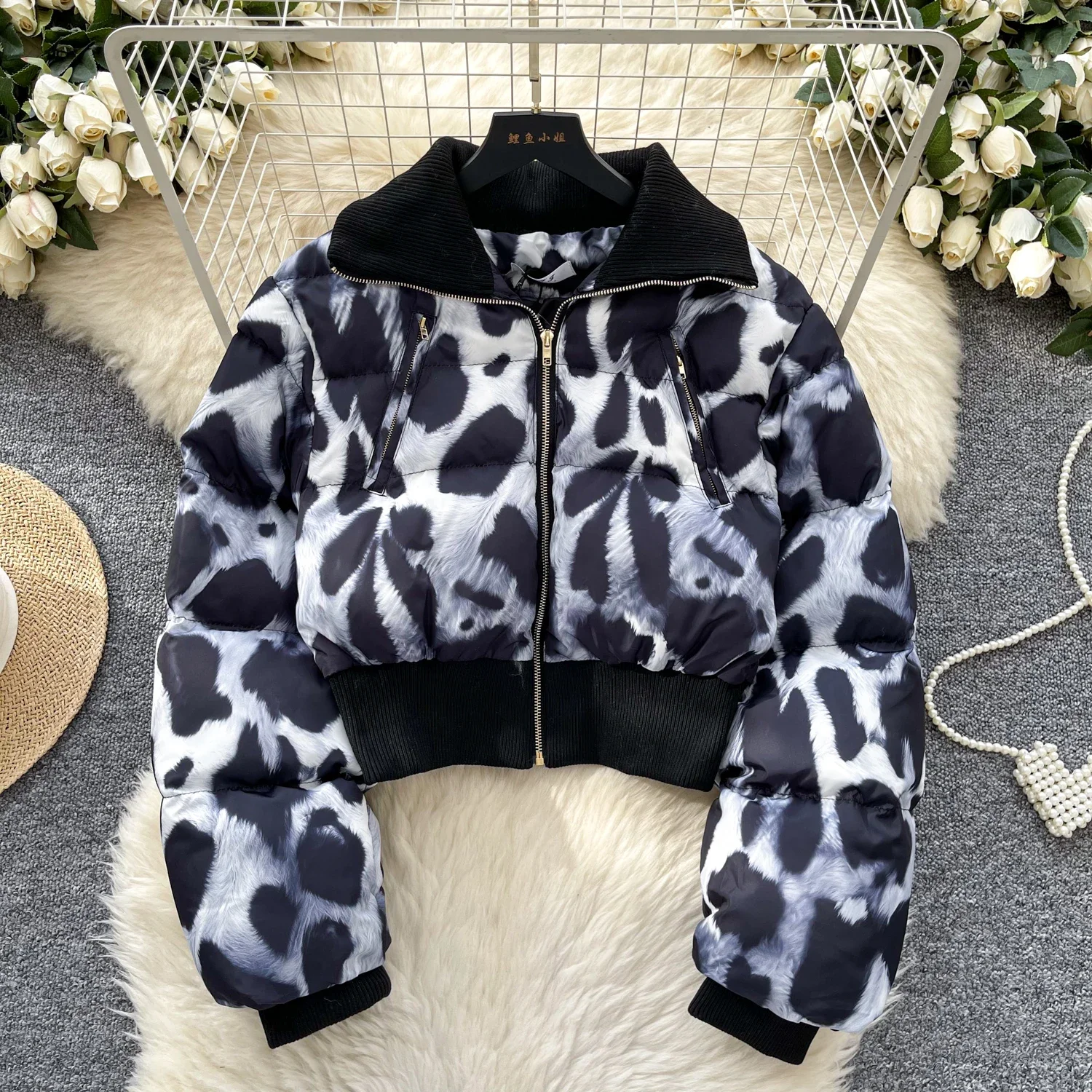 Basics Long Sleeves Vintage Turn-down Collar Chic Fashion Leopard Zipper Slim Cotton Padded Bread Jacket High Street Winter Top