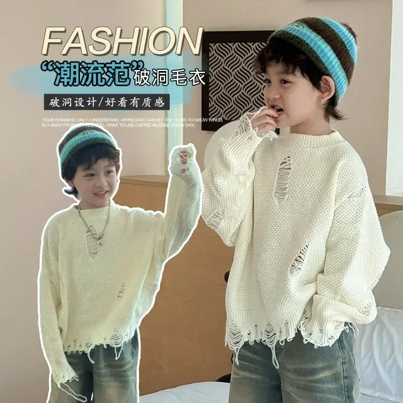 Children's Sweaters in The Autumn of 2024, The New Korean Version of The Handsome Sweater Boy Clothes with Holes image 4