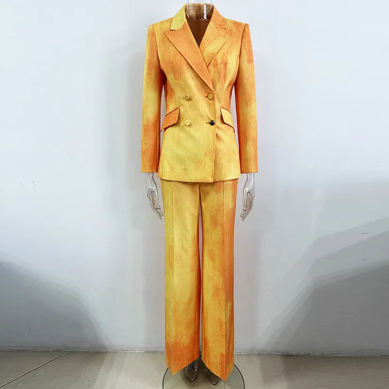 

2026 Fashion Designer Suit Set Women's Tie Dye Printed Double Breasted Jacket Long Sleeve Turn-down Collar Blazer Pants Suit