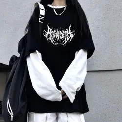 Lightning Letter Print Y2K Goth Punk Oversized Women T-shirt 90s Vintage Hip Hop Streetwear Kawaii Fashion Casual Fake two Top