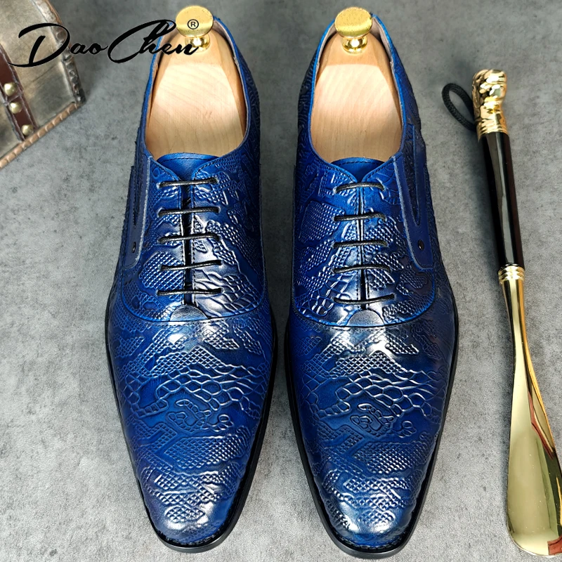 Luxury Brand Men Oxford Shoes Lace-up Pointed Toe Blue Casual Dress Man Shoe Flowers Print Genuine Leather Shoes For Men